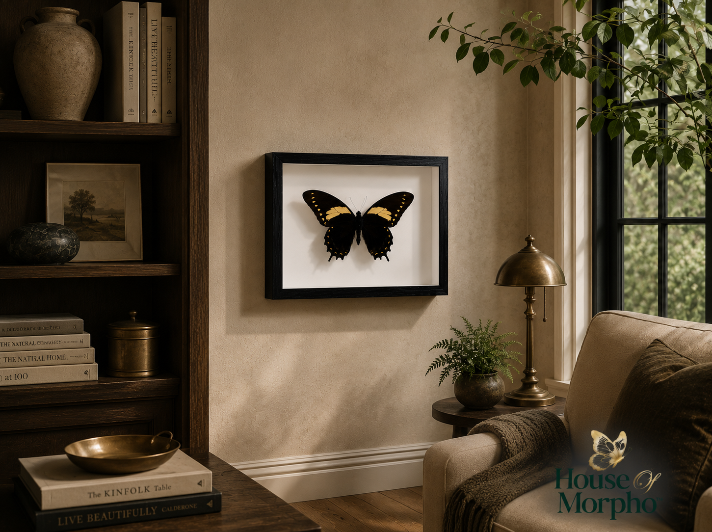 A framed butterfly specimen art print hangs on a beige wall in a styled living room corner with a bookshelf, lamp, chair, and window.